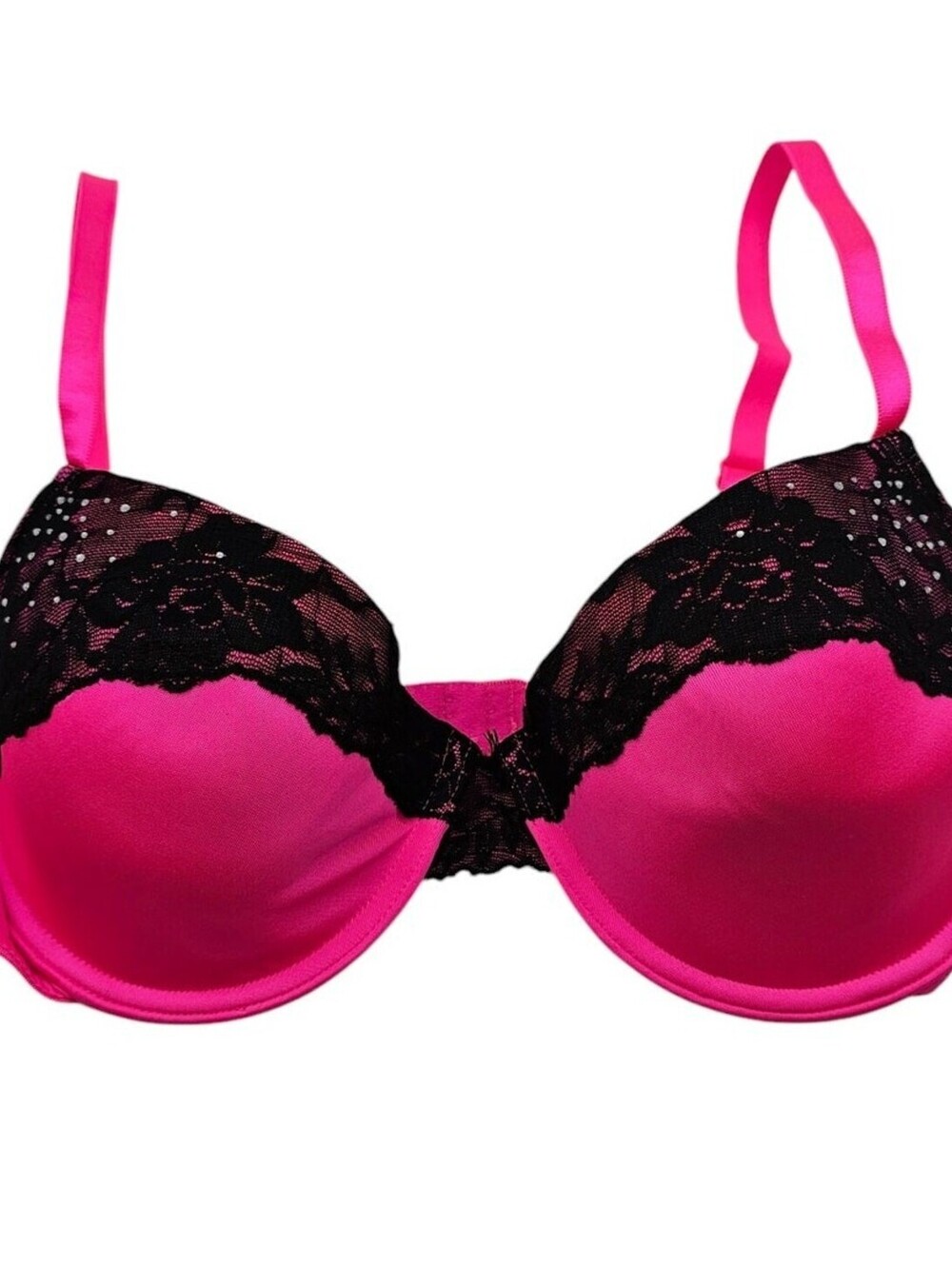 Vintage Y2K Smart & Sexy Womens Sz 38C Bright Pink T Shirt Bra Black Lace Trim